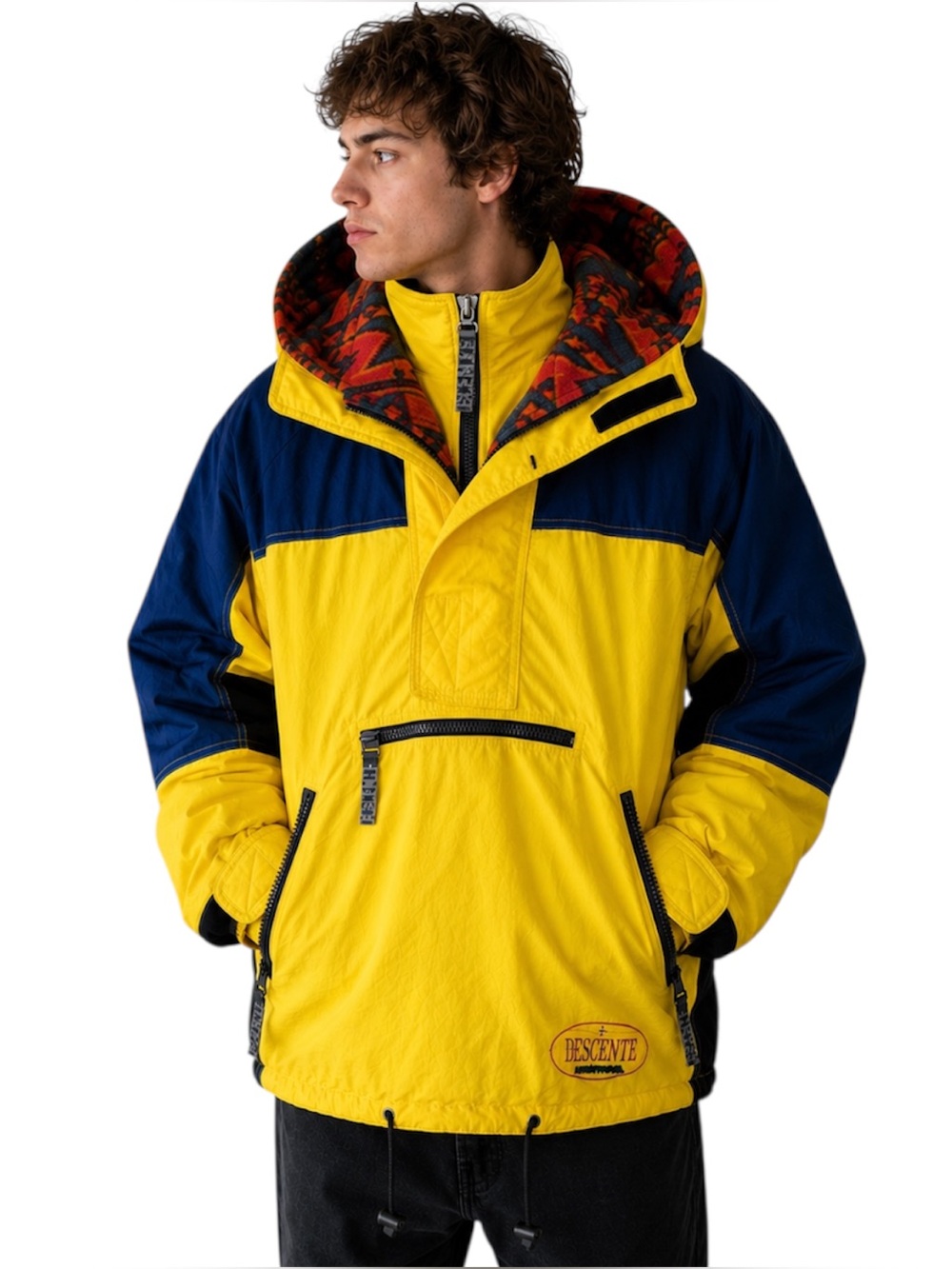 Descente 90s Rare VNTG HalfZip Retro Neon Yellow Parka Aztec Hood Ski Jacket M/L